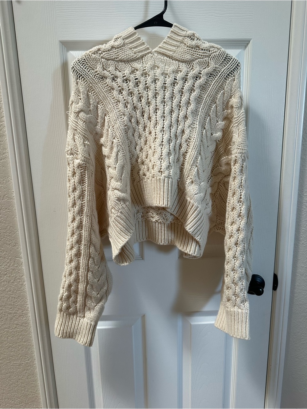 Mable Lauren Cream Cable-Knit Cropped Hoodie Sweater
